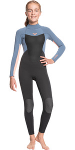 2022 Roxy Meisje Prologue 4/3mm Back Zip Wetsuit Ergw103022 - Wolk Zwart / Poedervorm Grijs / Zon Gloed